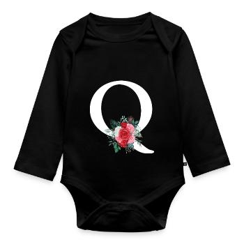 Red Floral Letter Q - Organic Longsleeve Baby Bodysuit - black - Front