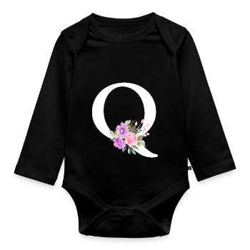 Purple Floral Letter Q - Organic Longsleeve Baby Bodysuit - black - Front