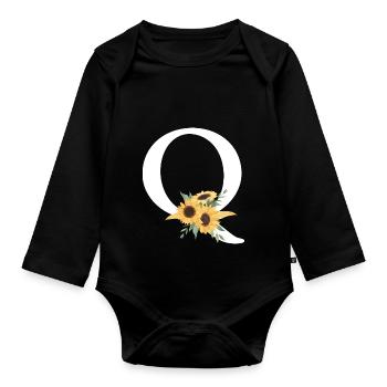 Letter q floral sunflower - Organic Longsleeve Baby Bodysuit - black - Front