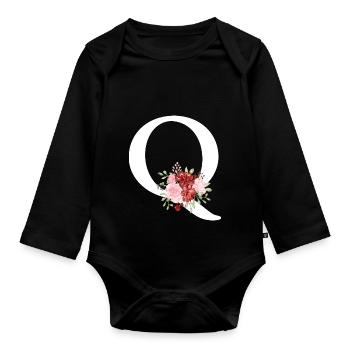 Red Floral Letter Q - Organic Longsleeve Baby Bodysuit - black - Front