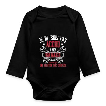 "Je ne suis pas accro à mon garage" t-shirt humour - Body Bébé bio manches longues - noir - Devant