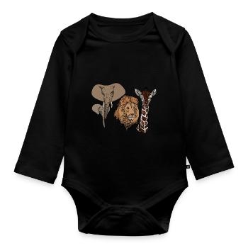 Afrika Elefant Löwe Giraff Tiergesicht Elefanten - Baby Bio-Langarm-Body - Schwarz - Vorne