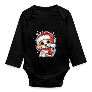 Dog with Christmas Hat - Organic Longsleeve Baby Bodysuit - black - Front