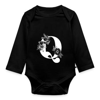 Lettre q floral noir et blanc - Body Bébé bio manches longues - noir - Devant