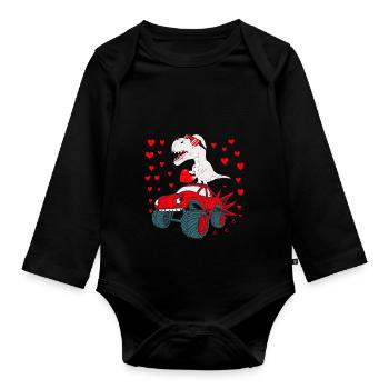 Valentines Day T Rex Riding TRUCK - Organic Longsleeve Baby Bodysuit - black - Front