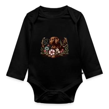 brauner Labrador Cottage Core Blumen - Baby Bio-Langarm-Body - Schwarz - Vorne