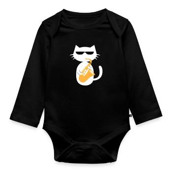 Saxophone Cat Saxophoniste Jazz Musicien Cadeau - Body Bébé bio manches longues - noir - Devant