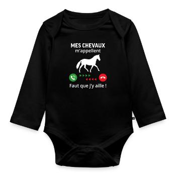 mes chevaux m'appelle faut quẹ j’y aille T-shirt - Body Bébé bio manches longues - noir - Devant