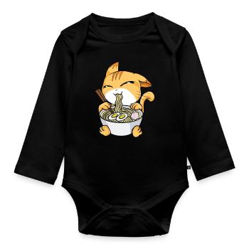 Kawaii Cat Ramen Bowl Lustige Anime Nudeln Kitty - Baby Bio-Langarm-Body - Schwarz - Vorne