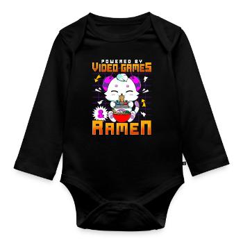 Powered By Video Games & Ramen Anime Cat Gamer - Organic Longsleeve Baby Bodysuit - black - Front