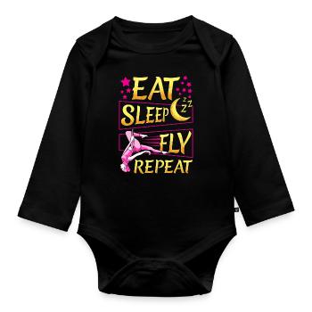 Lustige Eat Sleep Fly Wiederholen Sie Aerial Yoga Silks - Baby Bio-Langarm-Body - Schwarz - Vorne