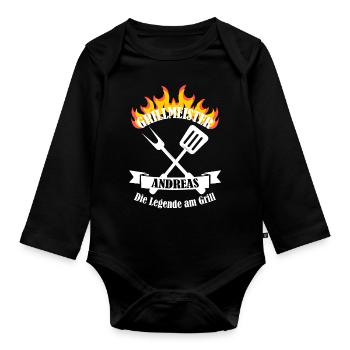 Grillmeister Andreas lustiger Spruch Vorname - Baby Bio-Langarm-Body - Schwarz - Vorne