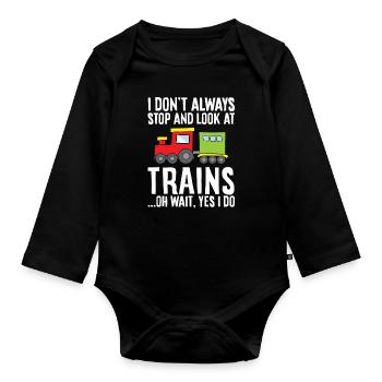 Je ne m’arrête pas toujours et je regarde les trains Oh attends - Body Bébé bio manches longues - noir - Devant