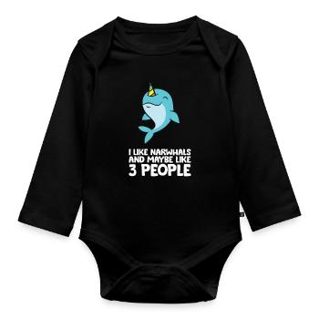 J’aime les narvals et peut-être 3 narvals - Body Bébé bio manches longues - noir - Devant