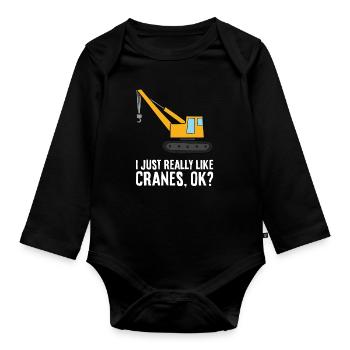 Baukran Ich mag Kräne einfach sehr - Baby Bio-Langarm-Body - Schwarz - Vorne