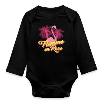 Flemme en Rose, Flamant Rose - Jeu de mots Humour - Body Bébé bio manches longues - noir - Devant