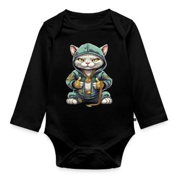 Cute Hip Hop Cat - Organic Longsleeve Baby Bodysuit - black - Front