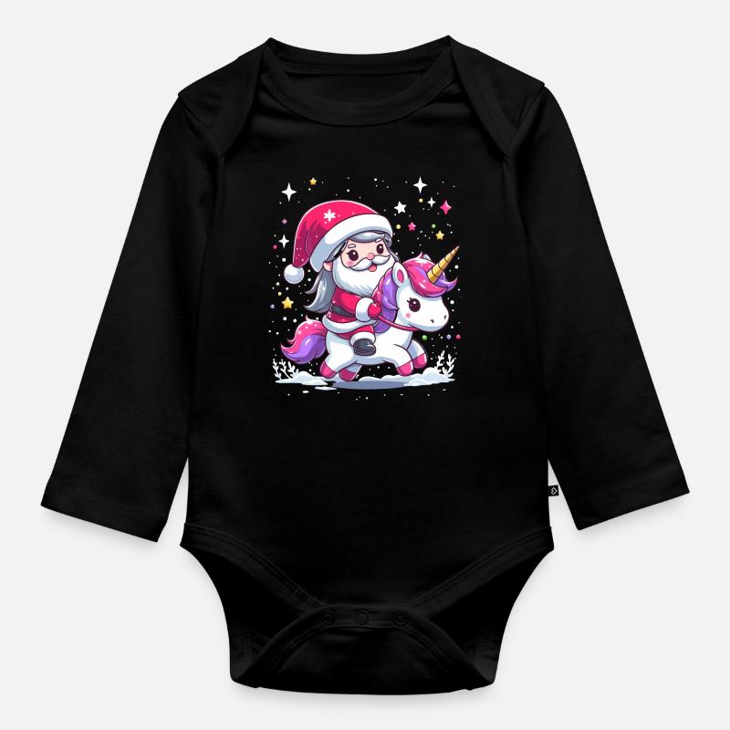 Weihnachtsmann und Einhorn - Baby Bio-Langarm-Body - Schwarz