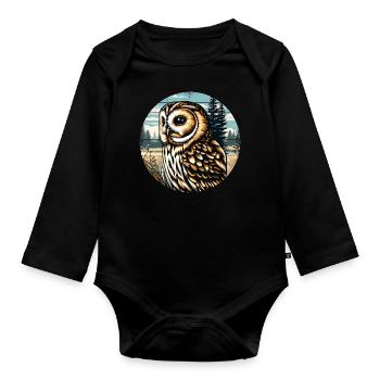 tawny owl, owl, bird, bird of prey - Organic Longsleeve Baby Bodysuit - black - Front
