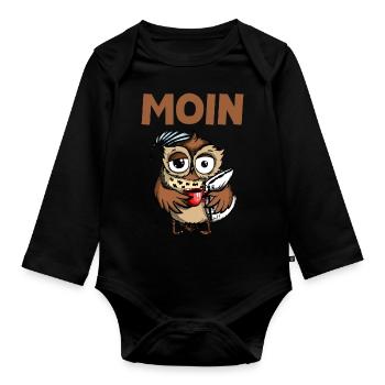 Moin Owl Coffee Funny Tired Owl Good Morning Moin - Organic Longsleeve Baby Bodysuit - black - Front