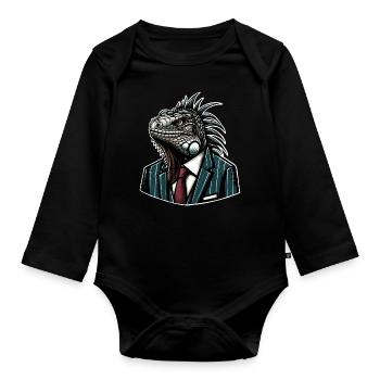 Iguana in a suit - Organic Longsleeve Baby Bodysuit - black - Front
