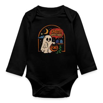 Halloween Ghostly Greetings Spooky Ghost - Organic Longsleeve Baby Bodysuit - black - Front