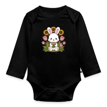 Lapin kawaii avec des tulipes et des tournesols - Body Bébé bio manches longues - noir - Devant