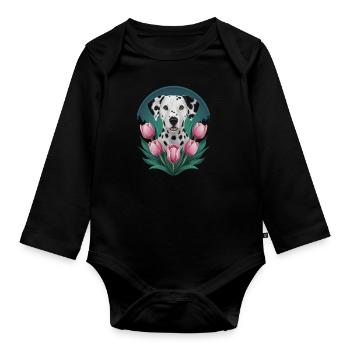 Süßer Dalmatiner mit Tulpen - Baby Bio-Langarm-Body - Schwarz - Vorne