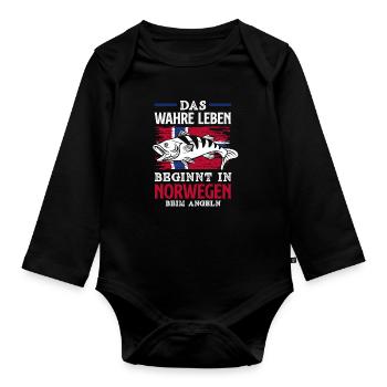 Norwegen Angeln Spruch Lustiges Design - Baby Bio-Langarm-Body - Schwarz - Vorne