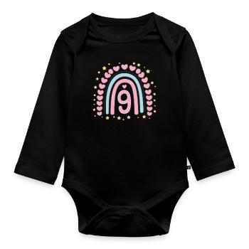 Cute 9th Birthday Heart & Rainbow Design - Organic Longsleeve Baby Bodysuit - black - Front