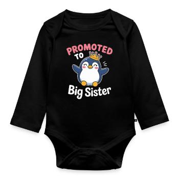 Zur großen Schwester befördert – Pinguin Design - Baby Bio-Langarm-Body - Schwarz - Vorne