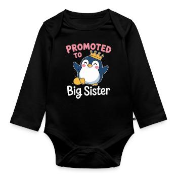 Zur großen Schwester befördert – Pinguin Design - Baby Bio-Langarm-Body - Schwarz - Vorne