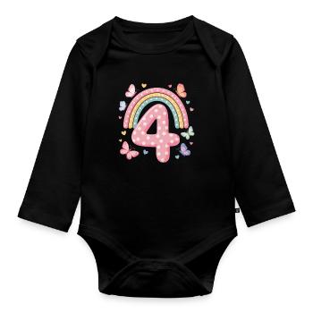 Rainbow Butterfly 4th Birthday Girl - Organic Longsleeve Baby Bodysuit - black - Front