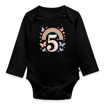 Rainbow Butterfly 5th Birthday Girl - Organic Longsleeve Baby Bodysuit - black - Front