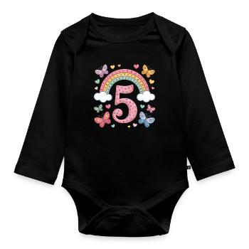 Rainbow Butterfly 5th Birthday Girl - Organic Longsleeve Baby Bodysuit - black - Front