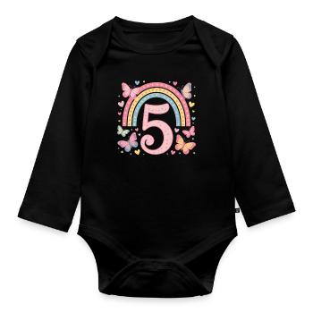 Rainbow Butterfly 5th Birthday Girl - Organic Longsleeve Baby Bodysuit - black - Front