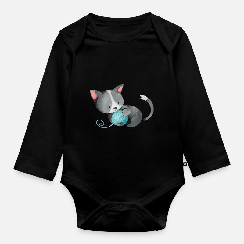 Chat pelote de laine cadeau ludique chaton mignon - Body Bébé bio manches longues - noir