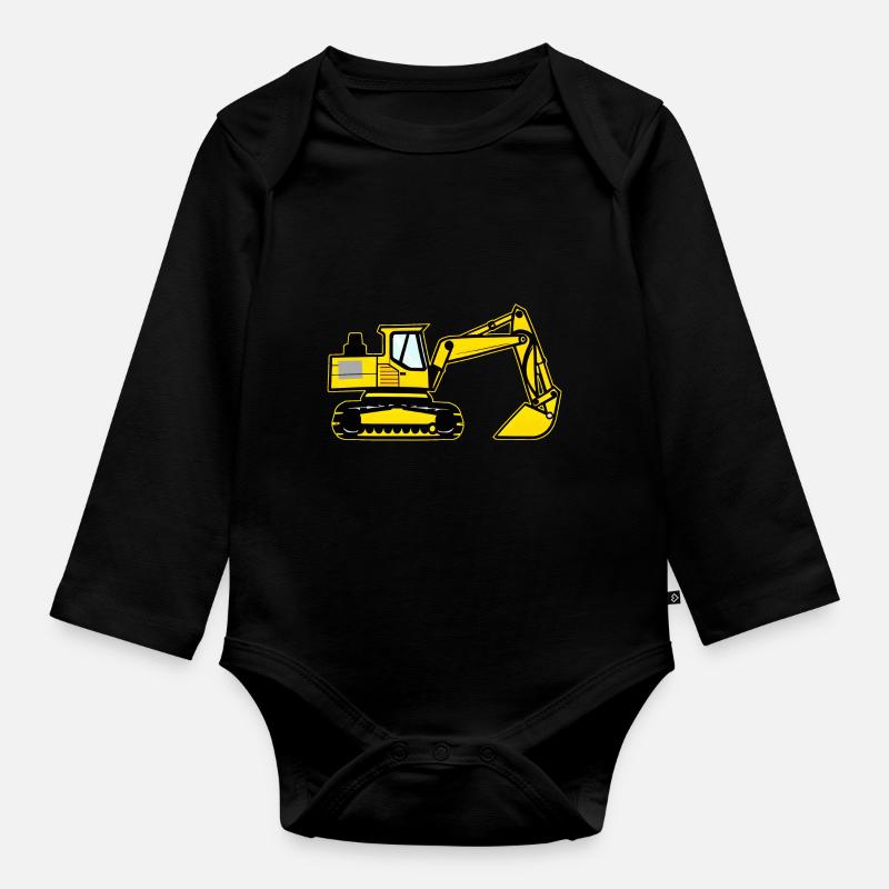 Kinder Bagger Gelber Schaufelbagger - Baby Bio-Langarm-Body - Schwarz