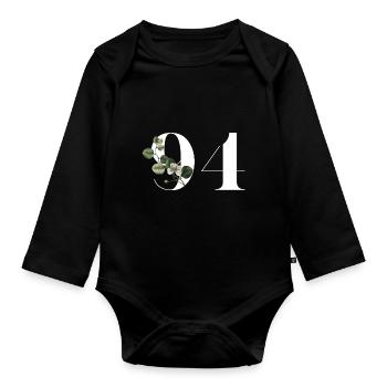 Nummer 94 Blumengrün - 94. Blumengeburtstag - Baby Bio-Langarm-Body - Schwarz - Vorne