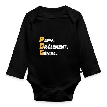 Humour PDG - papy drôlement génial - Body Bébé bio manches longues - noir - Devant
