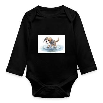 Happy dog playing in a rain puddle - Organic Longsleeve Baby Bodysuit - black - Front