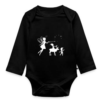 Silhouettes blanches d’une fée et d’elfes - Body Bébé bio manches longues - noir - Devant