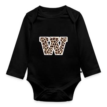 lettre W motif léopard -idée cadeau d’anniversaire - Body Bébé bio manches longues - noir - Devant