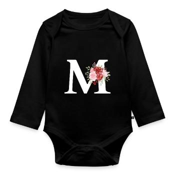 Roter Blumenbuchstabe M - Baby Bio-Langarm-Body - Schwarz - Vorne