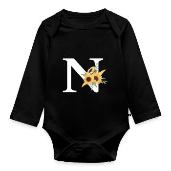 Buchstabe n blumige Sonnenblume - Baby Bio-Langarm-Body - Schwarz - Vorne
