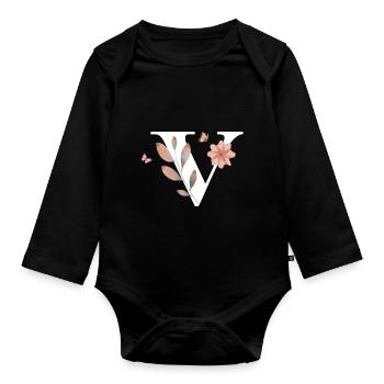 Letter v wildflowers watercolors - Organic Longsleeve Baby Bodysuit - black - Front