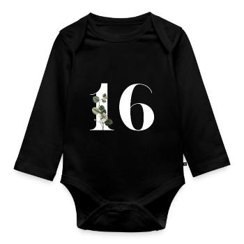Nummer 16 Blumengrün -16. Blumengeburtstag - Baby Bio-Langarm-Body - Schwarz - Vorne
