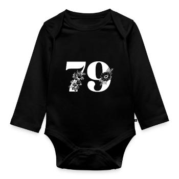 Nummer 79 Schwarze Blumen - 79. Blumengeburtstag - Baby Bio-Langarm-Body - Schwarz - Vorne