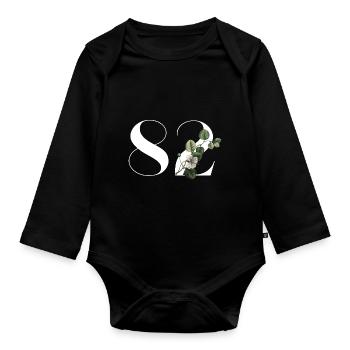 Nummer 82 Blumengrün - 82. Blumengeburtstag - Baby Bio-Langarm-Body - Schwarz - Vorne