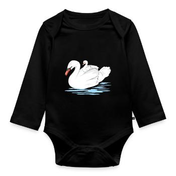 Une maman cygne blanc et son bébé - Body Bébé bio manches longues - noir - Devant